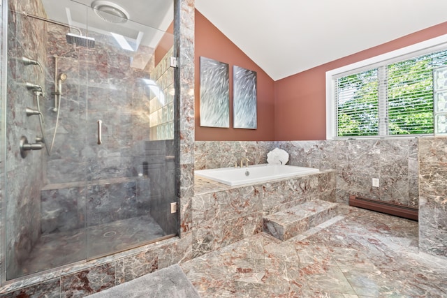 56 Old Kings Hwy, Ogunquit, ME 03907 - bathroom with marble finish floor, vaulted ceiling, a shower stall, a baseboard radiator, and a garden tub