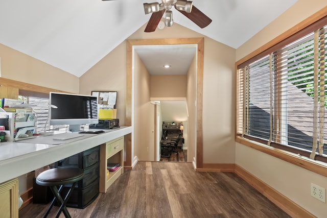 56 Old Kings Hwy, Ogunquit, ME 03907 - home office with wood finished floors, ceiling fan, lofted ceiling, and plenty of natural light