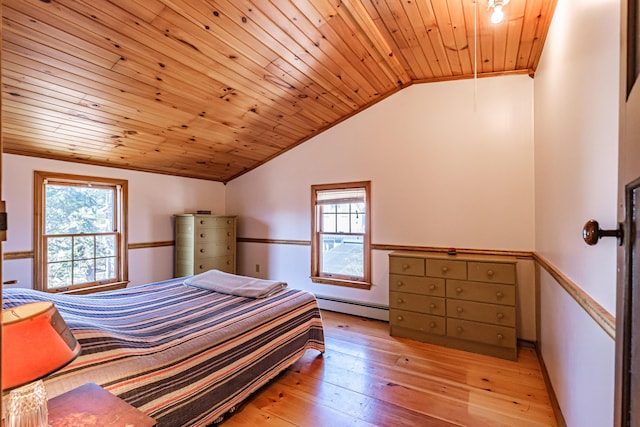 bedroom with wood ceiling, lofted ceiling, baseboard heating, and multiple windows