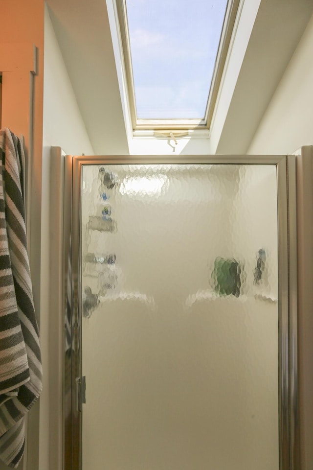 bathroom with a skylight and a shower stall