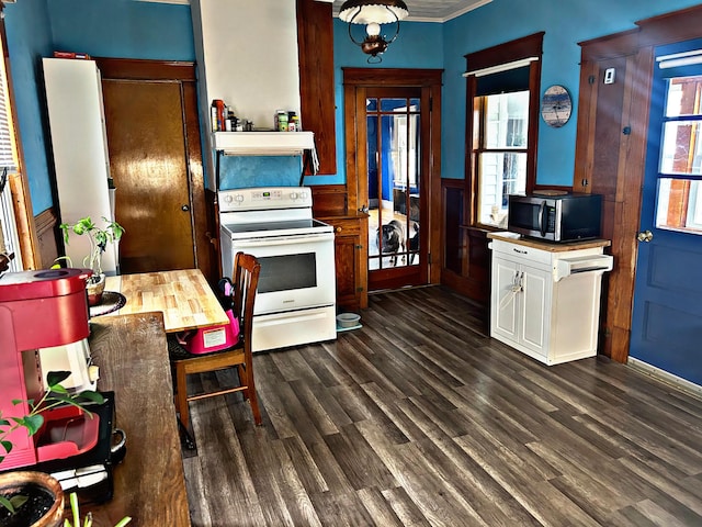 106 Northern Ave, Augusta, ME 04330 - kitchen with stainless steel microwave, exhaust hood, white electric range, and dark wood finished floors