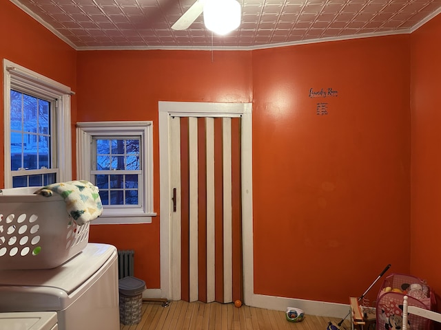 106 Northern Ave, Augusta, ME 04330 - clothes washing area with independent washer and dryer, hardwood / wood-style flooring, laundry area, and ornamental molding