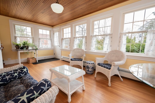 369 Ohio St, Bangor, ME 04401 - sunroom featuring wood finished floors, wood ceiling, a baseboard radiator, and baseboards