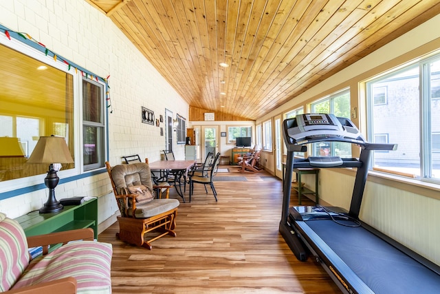 workout area with wooden ceiling, lofted ceiling, wood finished floors, and a healthy amount of sunlight