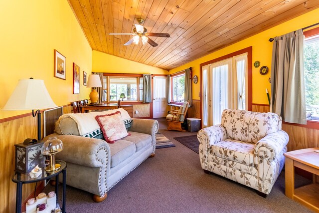 carpeted living area featuring wood ceiling, wainscoting, and plenty of natural light