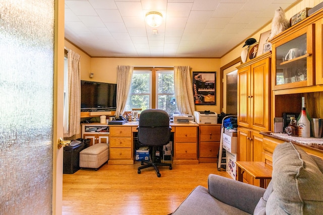 office featuring light wood finished floors and crown molding