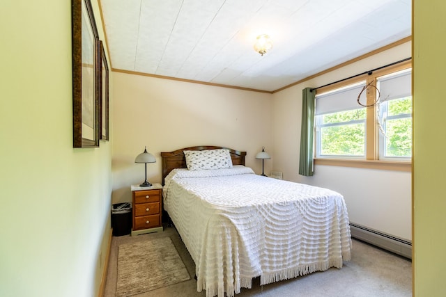 carpeted bedroom with baseboard heating and ornamental molding