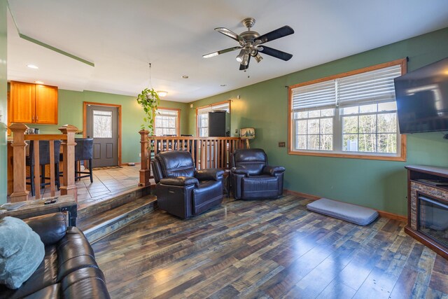 110 Harris Rd, Minot, ME 04258 - living area with wood finished floors, baseboards, a ceiling fan, and recessed lighting