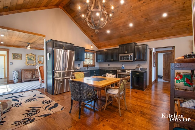 12 Charlies Way, Readfield, ME 04355 - kitchen featuring a sink, appliances with stainless steel finishes, wood ceiling, and a chandelier