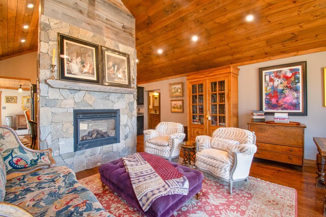 12 Charlies Way, Readfield, ME 04355 - living area featuring wood ceiling, vaulted ceiling, recessed lighting, and wood finished floors