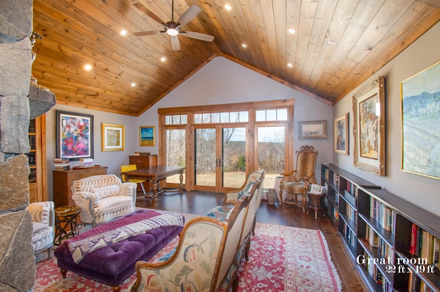 12 Charlies Way, Readfield, ME 04355 - living area with wood ceiling, ceiling fan, wood-type flooring, lofted ceiling, and recessed lighting