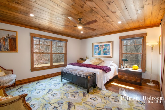 12 Charlies Way, Readfield, ME 04355 - bedroom featuring wood ceiling, crown molding, wood finished floors, baseboards, and recessed lighting