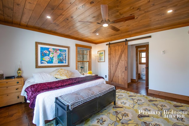 12 Charlies Way, Readfield, ME 04355 - bedroom featuring hardwood / wood-style floors, wooden ceiling, recessed lighting, and a barn door