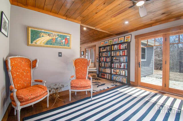 12 Charlies Way, Readfield, ME 04355 - living area featuring wood finished floors, baseboards, recessed lighting, wood ceiling, and a ceiling fan
