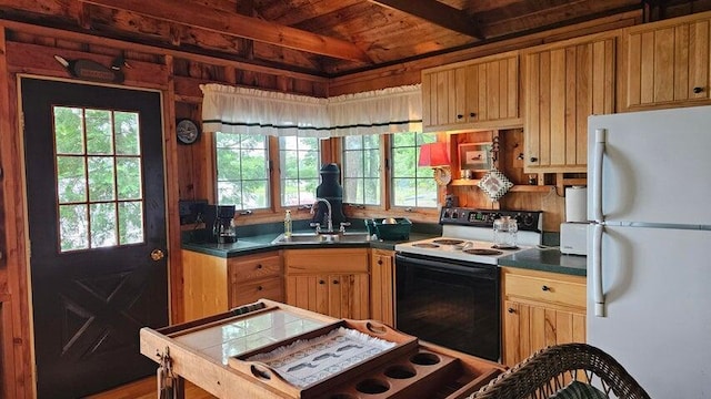 kitchen featuring range with electric stovetop, freestanding refrigerator, a sink, and plenty of natural light