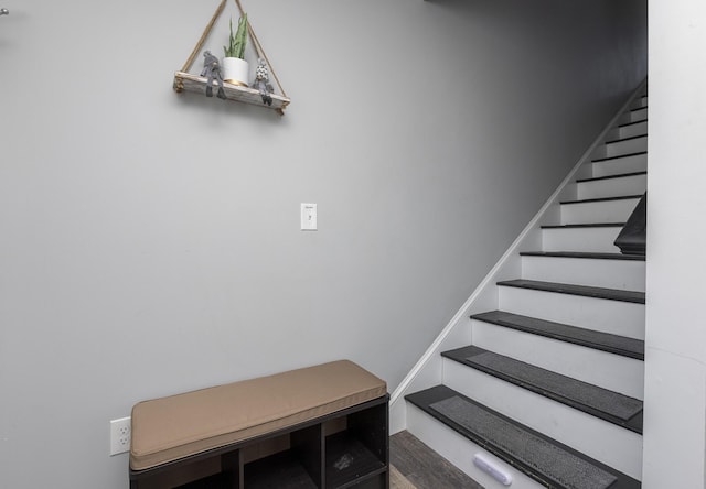 stairway with wood finished floors