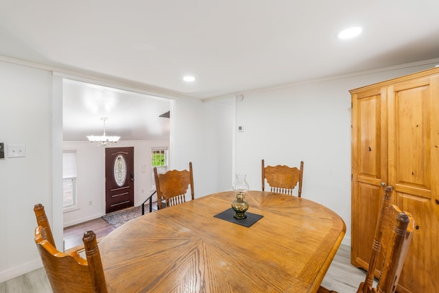 285 Hockomock Rd, Woolwich, ME 04579 - dining area with a chandelier, light wood-type flooring, recessed lighting, and baseboards