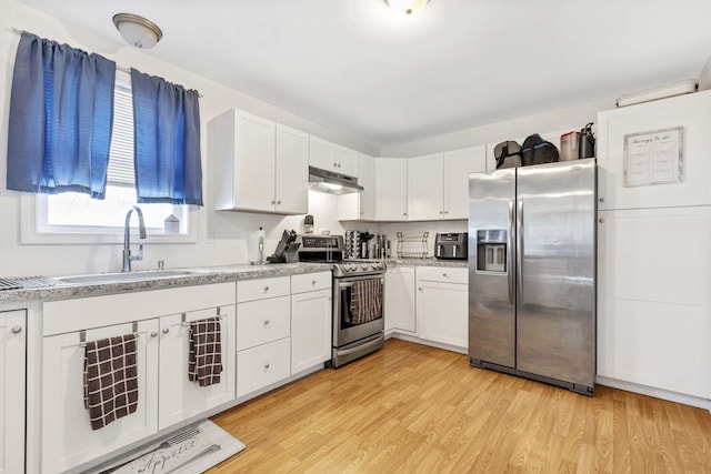 kitchen with a sink, under cabinet range hood, light wood-type flooring, white cabinetry, and appliances with stainless steel finishes