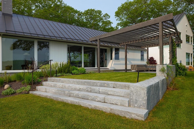 4 Ice House Pt, York, ME 03909 - back of property featuring a standing seam roof, metal roof, a lawn, and a pergola