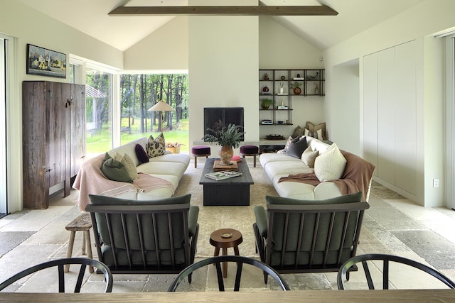 4 Ice House Pt, York, ME 03909 - living area featuring high vaulted ceiling, beamed ceiling, and stone tile floors