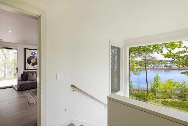 4 Ice House Pt, York, ME 03909 - corridor with an upstairs landing, a water view, and wood finished floors