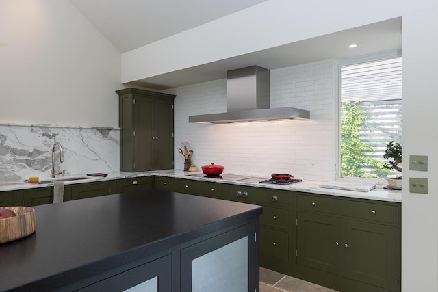 4 Ice House Pt, York, ME 03909 - kitchen featuring wall chimney exhaust hood, a sink, lofted ceiling, tasteful backsplash, and green cabinets