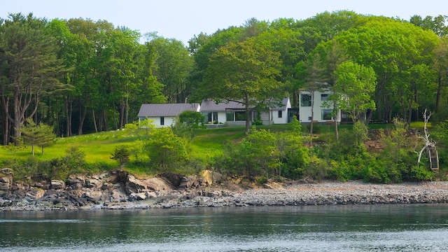 4 Ice House Pt, York, ME 03909 - back of house with a water view, metal roof, and a forest view