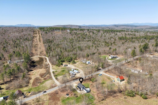 drone / aerial view featuring a view of trees and a mountain view
