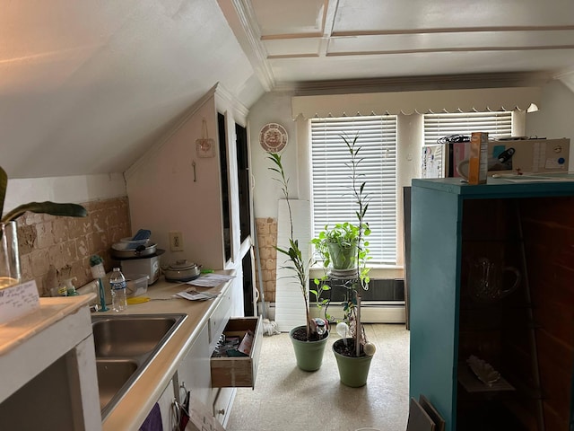 kitchen featuring light countertops and vaulted ceiling