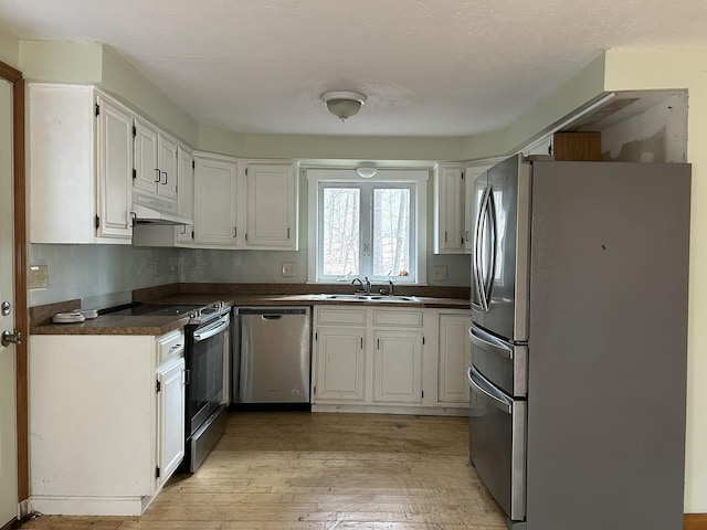 669 New Dam Rd, Waterboro, ME 04061 - kitchen featuring dark countertops, appliances with stainless steel finishes, a sink, and under cabinet range hood