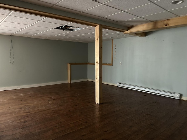 669 New Dam Rd, Waterboro, ME 04061 - finished below grade area featuring baseboard heating, wood finished floors, baseboards, and a drop ceiling