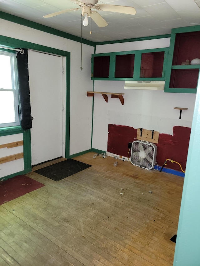 entryway featuring ceiling fan, baseboards, and wood-type flooring