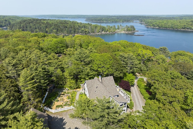 86 Firth Dr, Boothbay, ME 04537 - aerial view of property and surrounding area featuring a heavily wooded area and a nearby body of water