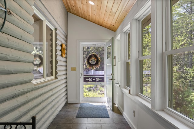 86 Firth Dr, Boothbay, ME 04537 - unfurnished sunroom with lofted ceiling, wood ceiling, and tile patterned floors