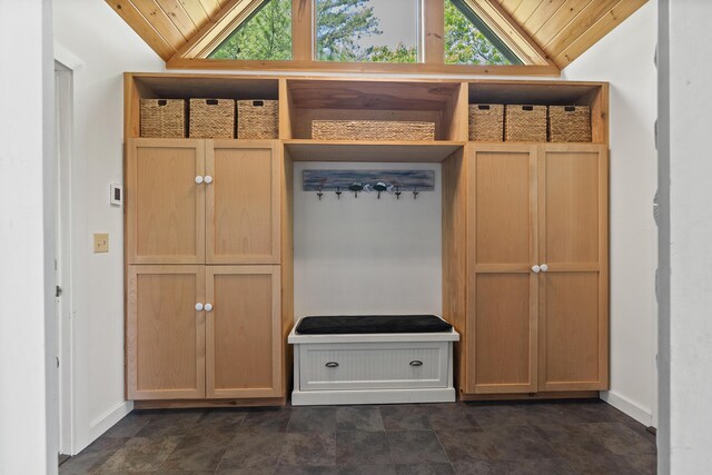 86 Firth Dr, Boothbay, ME 04537 - mudroom featuring lofted ceiling, baseboards, and wooden ceiling