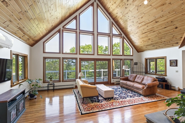 86 Firth Dr, Boothbay, ME 04537 - living area featuring high vaulted ceiling, baseboard heating, hardwood / wood-style flooring, and wood ceiling