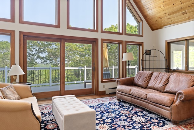 86 Firth Dr, Boothbay, ME 04537 - living room with a baseboard radiator, plenty of natural light, high vaulted ceiling, wood finished floors, and wood ceiling