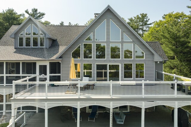 86 Firth Dr, Boothbay, ME 04537 - back of house with a shingled roof and a wooden deck