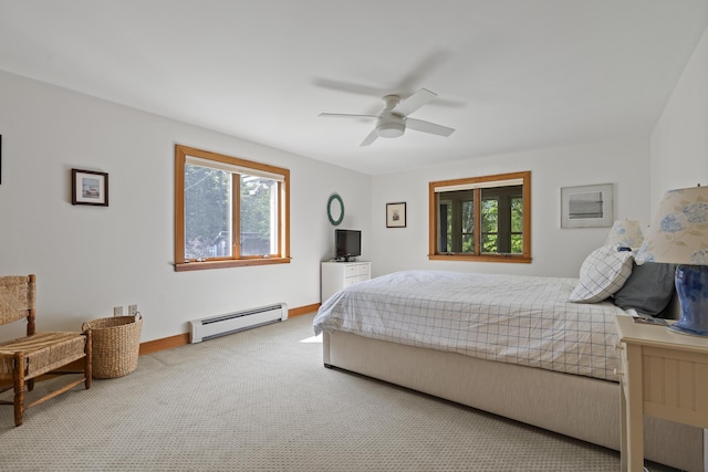 86 Firth Dr, Boothbay, ME 04537 - bedroom featuring a baseboard heating unit, carpet floors, baseboards, and a ceiling fan