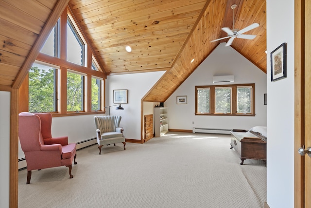 86 Firth Dr, Boothbay, ME 04537 - sitting room with a wall unit AC, a baseboard radiator, carpet flooring, lofted ceiling, and wooden ceiling