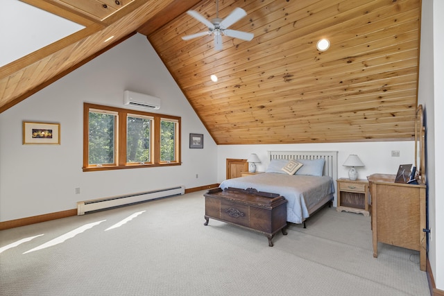 86 Firth Dr, Boothbay, ME 04537 - bedroom featuring baseboard heating, a wall unit AC, carpet floors, baseboards, and lofted ceiling