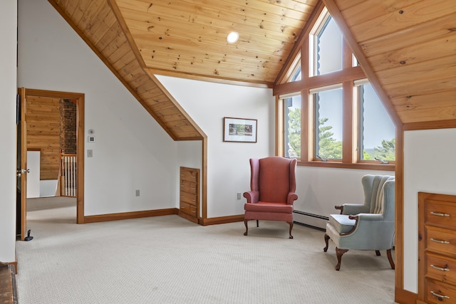 86 Firth Dr, Boothbay, ME 04537 - living area featuring carpet flooring, wooden ceiling, lofted ceiling, baseboards, and a baseboard radiator
