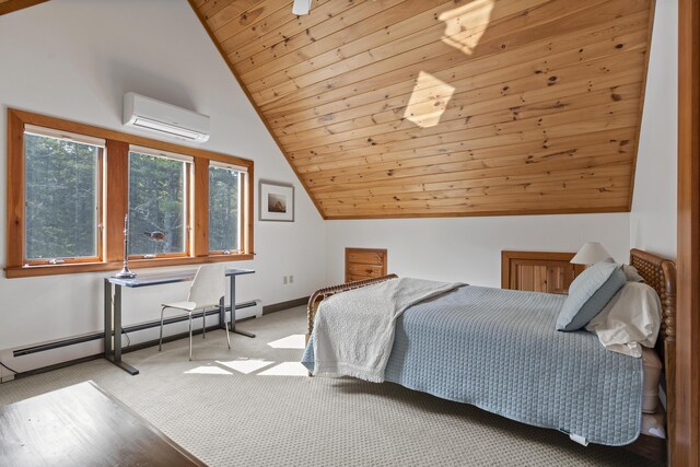 86 Firth Dr, Boothbay, ME 04537 - carpeted bedroom featuring a wall unit AC, vaulted ceiling, baseboard heating, baseboards, and wood ceiling