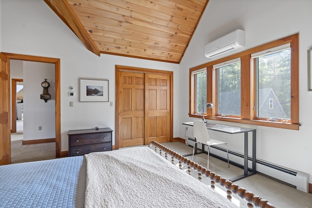 86 Firth Dr, Boothbay, ME 04537 - bedroom featuring carpet floors, vaulted ceiling, an AC wall unit, wood ceiling, and a baseboard heating unit