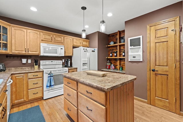 214 Gore Rd, Naples, ME 04055 - kitchen with white appliances, light wood-style floors, glass insert cabinets, a center island, and recessed lighting