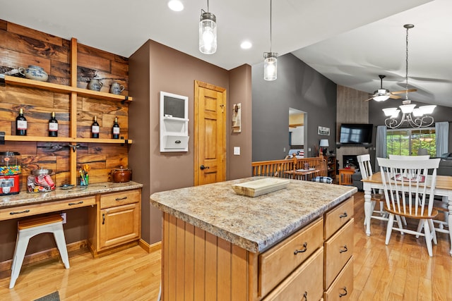 214 Gore Rd, Naples, ME 04055 - kitchen featuring light wood-type flooring, a ceiling fan, pendant lighting, a center island, and recessed lighting
