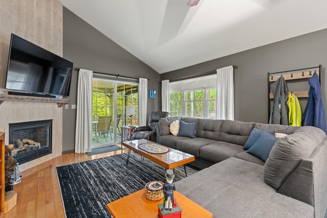 214 Gore Rd, Naples, ME 04055 - living room with wood-type flooring, high vaulted ceiling, and a glass covered fireplace
