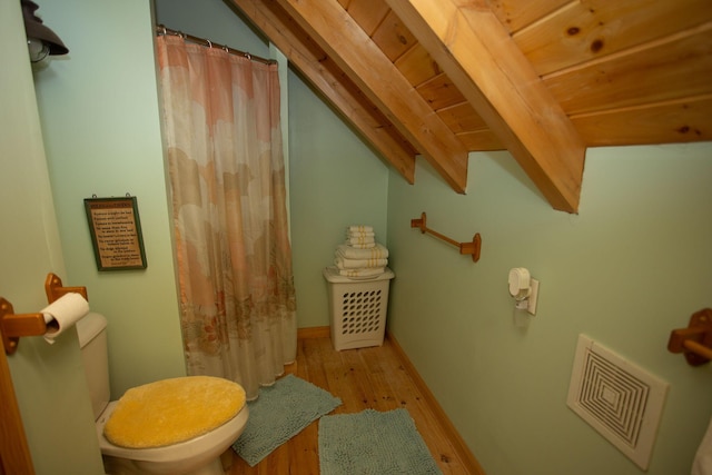 200 Averill Hill Rd, Dixfield, ME 04224 - bathroom with toilet, wood finished floors, a shower with curtain, and wooden ceiling