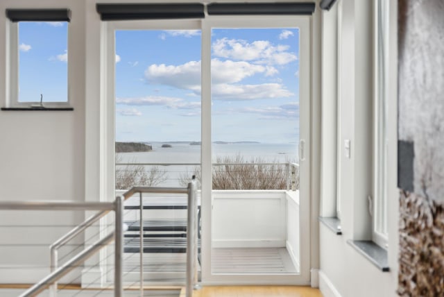 interior space featuring a water view