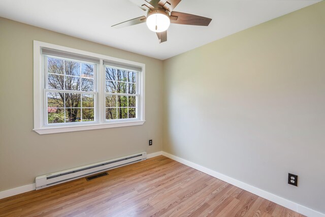 269 Hebron Rd, Buckfield, ME 04220 - empty room with a baseboard heating unit, baseboards, light wood-style floors, and ceiling fan